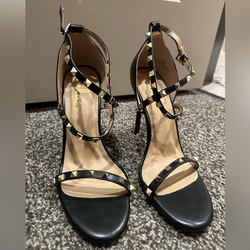 Lulus black strappy ankle heels with rhinestones